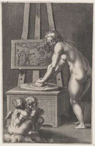 Pictura: allegory of painting, with a nude woman at center grinding pigments, two putti drawing at lower left by anonymous, print, 1605-1650