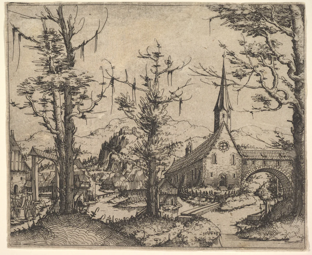 Landscape with Four Trees and a Church at Right by Augustin Hirschvogel, print, 1545