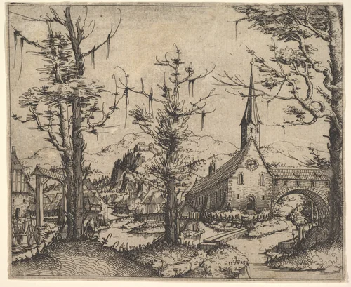 Landscape with Four Trees and a Church at Right by Augustin Hirschvogel, print, 1545