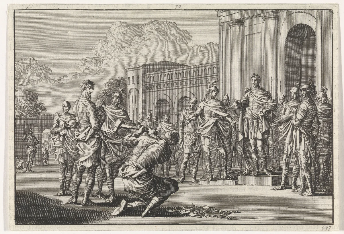 Josephus door Vespasianus in vrijheid gesteld by Jan Luyken, print, 1704