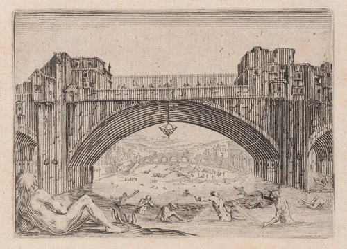 Le Ponte-Vecchio, a Florence (The Ponte-Vecchio, in Florence), from "Les Caprices" Series B, The Nancy Set by Jacques Callot, print, 1617-1620