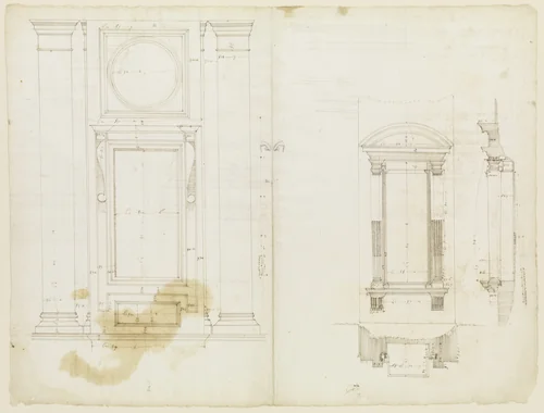 San Lorenzo, Library, Ricetto, upper window, elevation; niche,elevation, plan, and section (recto) San Lorenzo, Library, Ricetto, niche, details; upper window, details, elevation (verso) by anonymous, drawing, 1500-1560