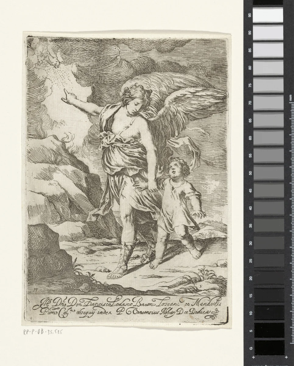 Kind met beschermengel by anonymous, print, 1622-1648