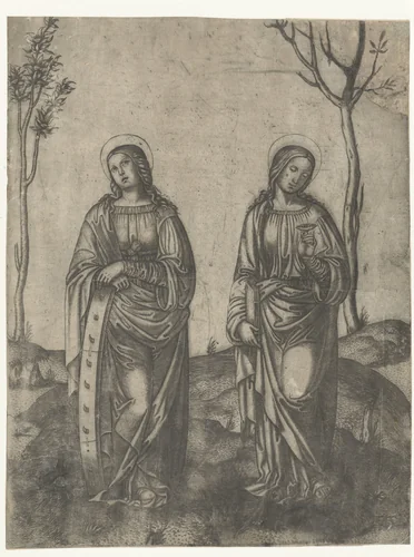 Heiligen Catharina met gebroken wiel en Lucia met ogen op schaaltje by Unknown, print, 1460-1517