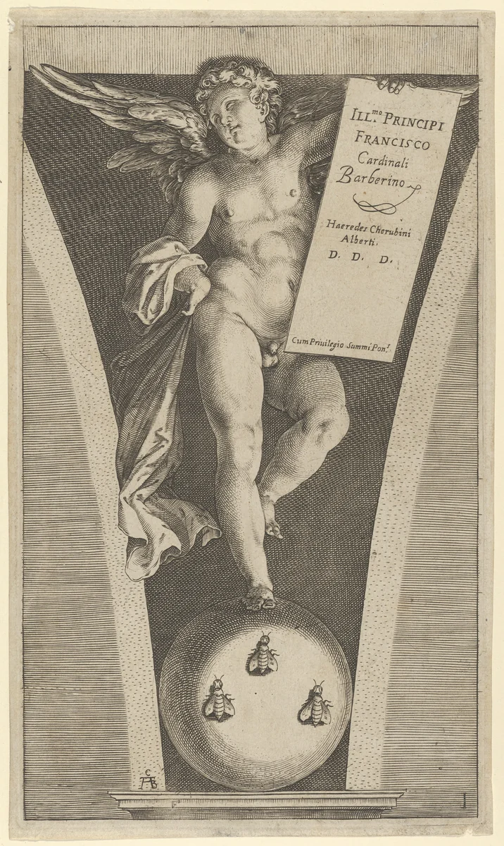 Winged genius holding a tableau, standing on a sphere with three bees by Cherubino Alberti, print, 1570-1615