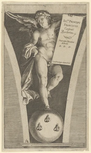 Winged genius holding a tableau, standing on a sphere with three bees by Cherubino Alberti, print, 1570-1615