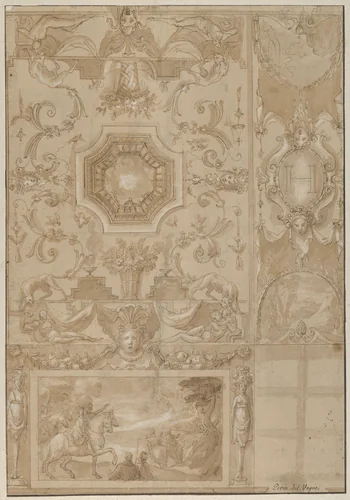 Design for a Decorated Wall and Ceiling of a Gallery, marked with the monogram of the French King Henri III or IV by Toussaint Dubreuil, drawing, 1575-1585
