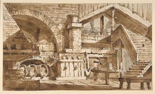 Design for a Stage Set Showing Interior of Rustic Kitchen ("Cucina Rustica") by Lorenzo Sacchetti, drawing, 1759-1829