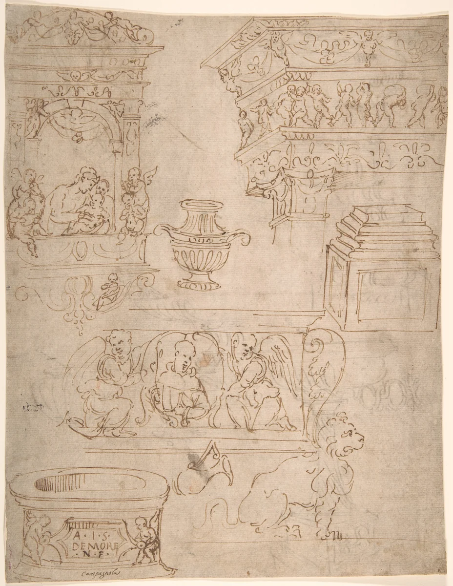 Sheet of Studies of Sculptural Elements and Architectural Ornaments by anonymous, drawing, 1465-1475