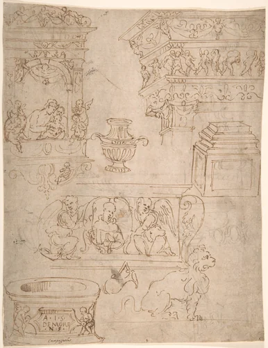 Sheet of Studies of Sculptural Elements and Architectural Ornaments by anonymous, drawing, 1465-1475