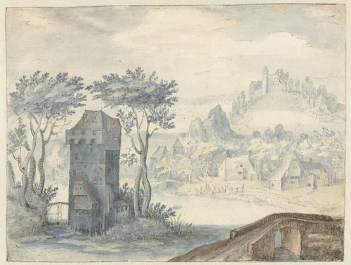 Landschap met toren tussen bomen by Unknown, drawing, 1554