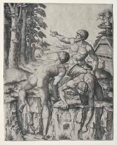 The Climbers (Three Figures from Michelangelo's Battle of Cascina) by Marcantonio Raimondi, print, 1510