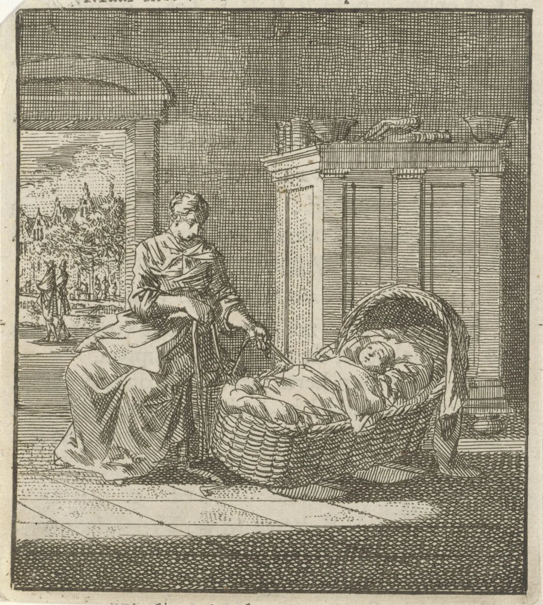 Moeder schommelt haar kind in een wieg in slaap by Jan Luyken, print, 1712