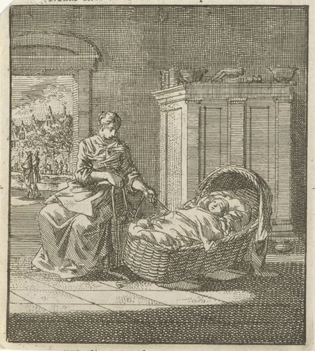Moeder schommelt haar kind in een wieg in slaap by Jan Luyken, print, 1712