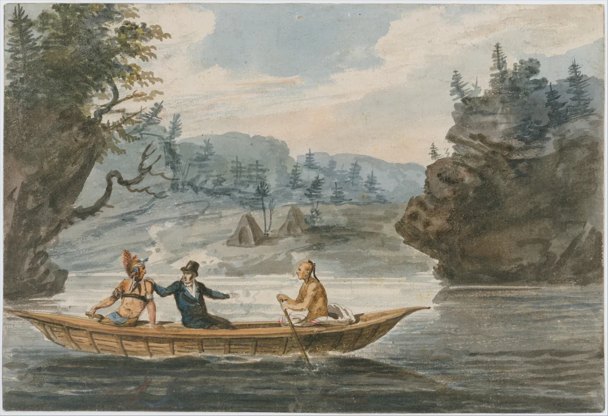 Two Indians and a White Man in a Canoe by Pavel Svinin, artwork, 1811-1816