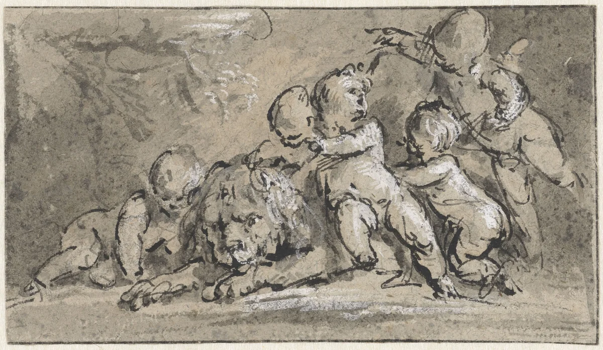 Vijf putti bij een liggende leeuw by Jacob de Wit, drawing, 1705-1754