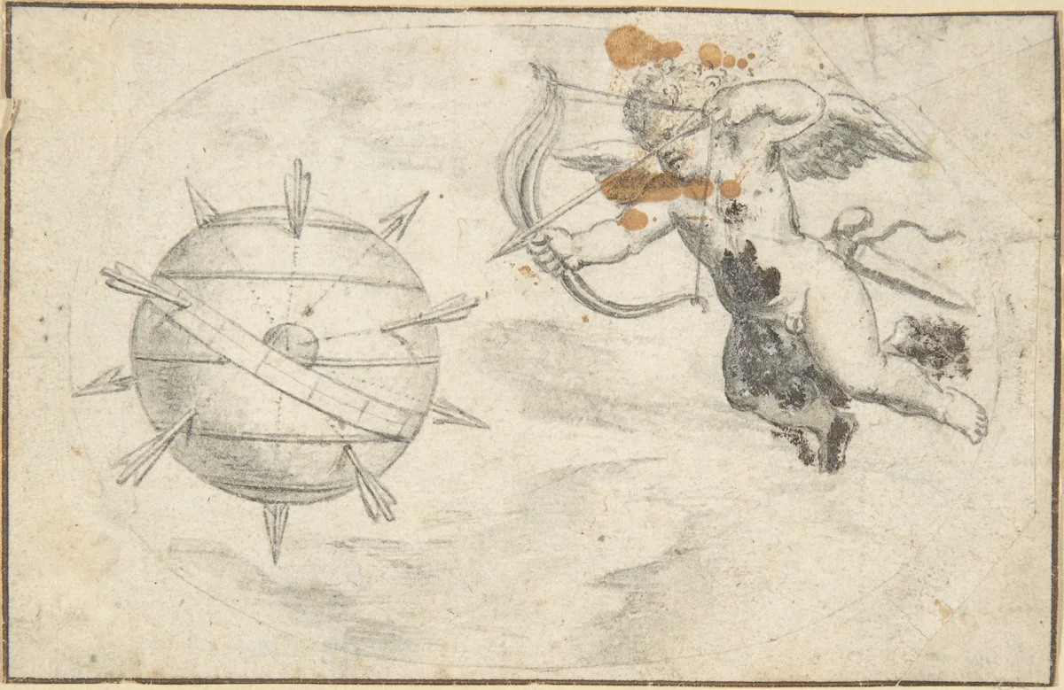 Cupid Shooting Arrows at the World Globe by Otto van Veen, drawing, 1608