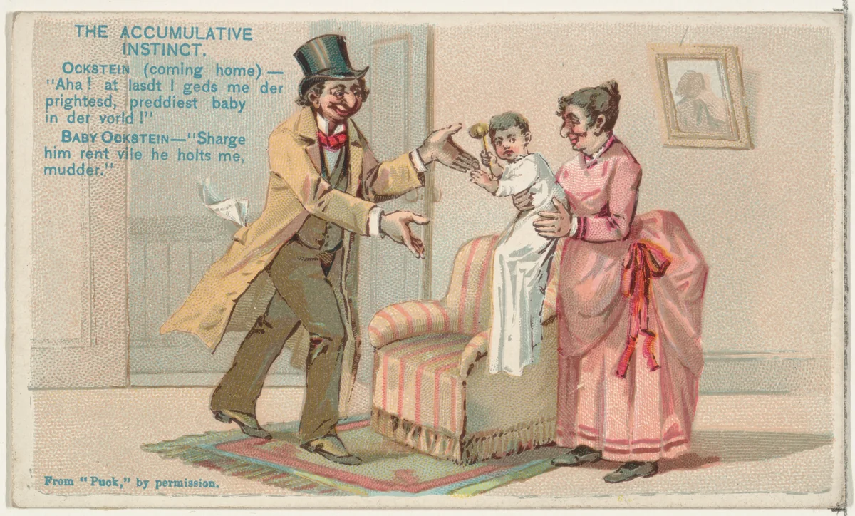 The Accumulative Instinct, from the Snapshots from "Puck" series (N128) issued by Duke Sons & Co. to promote Honest Long Cut Tobacco by W. Duke, Sons & Co., print, 1888