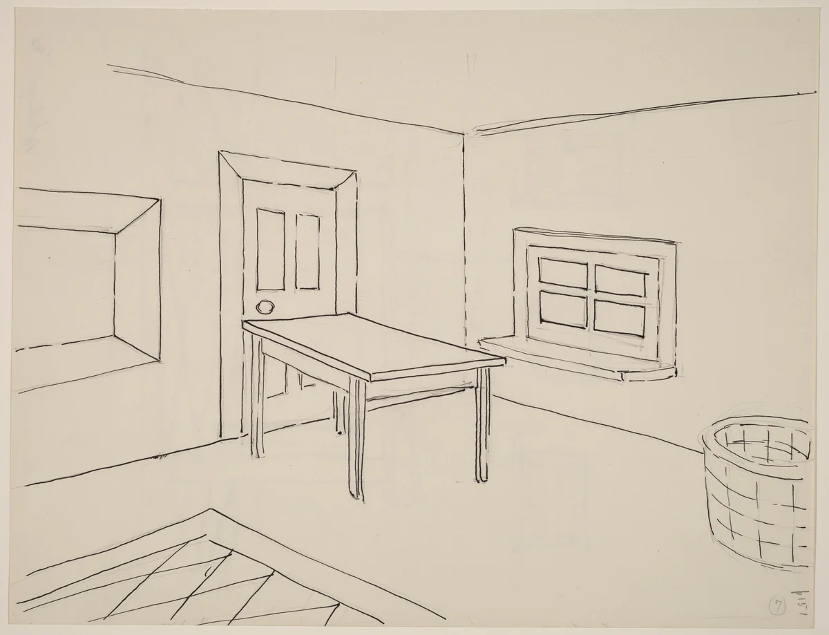Basket, Table, Door, Window, Mirror, Rug #7 [recto] by Richard Artschwager, drawing, 1974