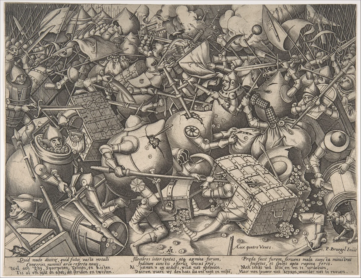 The Battle about Money by Pieter van der Heyden, print, 1570-1580