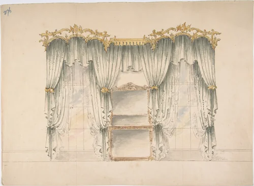 Design for White Curtains with Gold Pendiment and Tie-backs by anonymous, drawing, 1800-1850