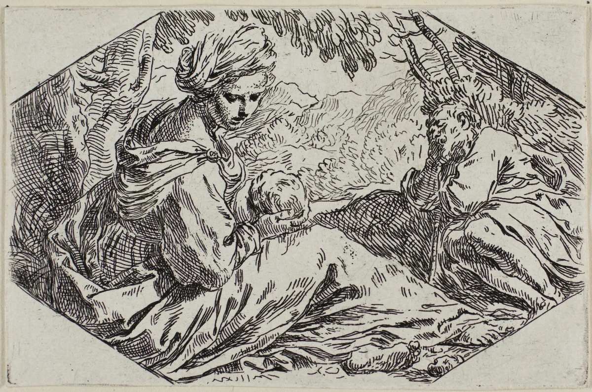 Rest on the Flight to Egypt by Simone Cantarini, print, 1632-1648