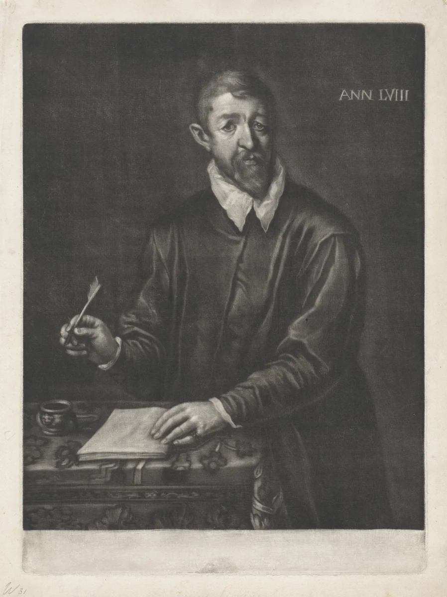 Portret van een man bij een tafel by anonymous, print, 1658-1727