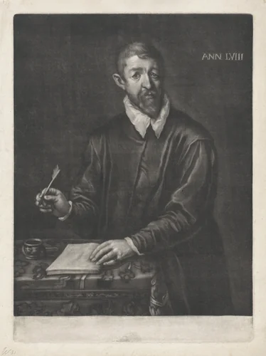 Portret van een man bij een tafel by anonymous, print, 1658-1727