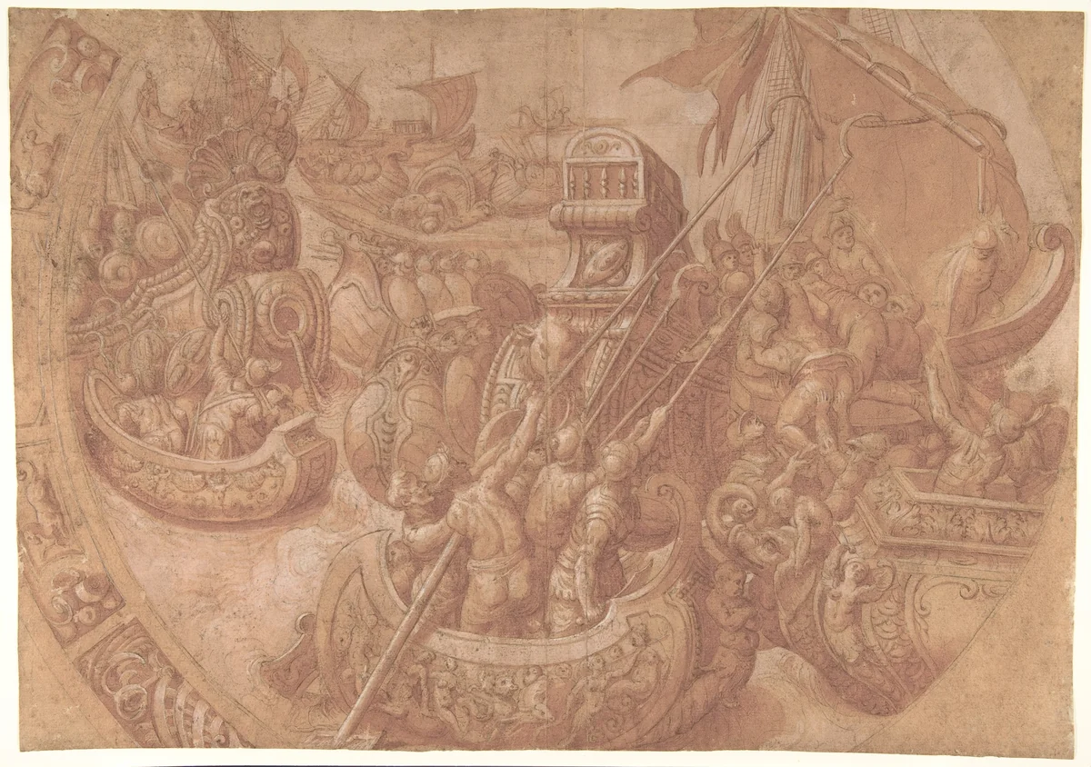The Sea Battle in the Gulf of Morbihan by Taddeo Zuccaro, drawing, 1540-1599