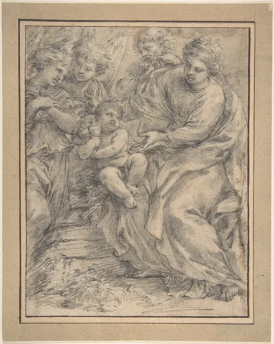 The Holy Family with Two Angels by Alessandro Algardi, drawing, 1598-1654