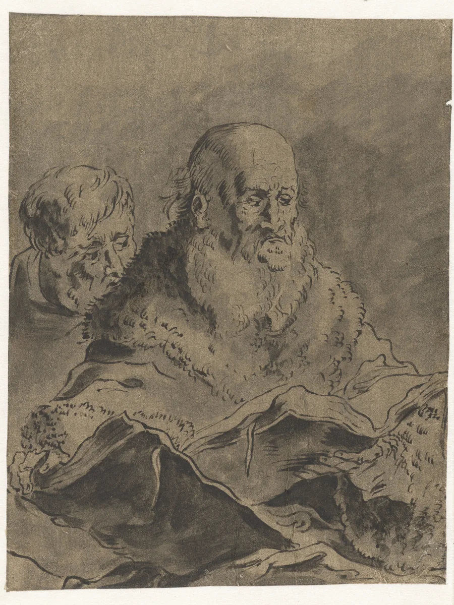 Gebaarde man in bontmantel met twee opengeslagen boeken by Leonaert Bramer, drawing, 1606-1674