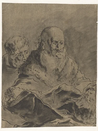 Gebaarde man in bontmantel met twee opengeslagen boeken by Leonaert Bramer, drawing, 1606-1674
