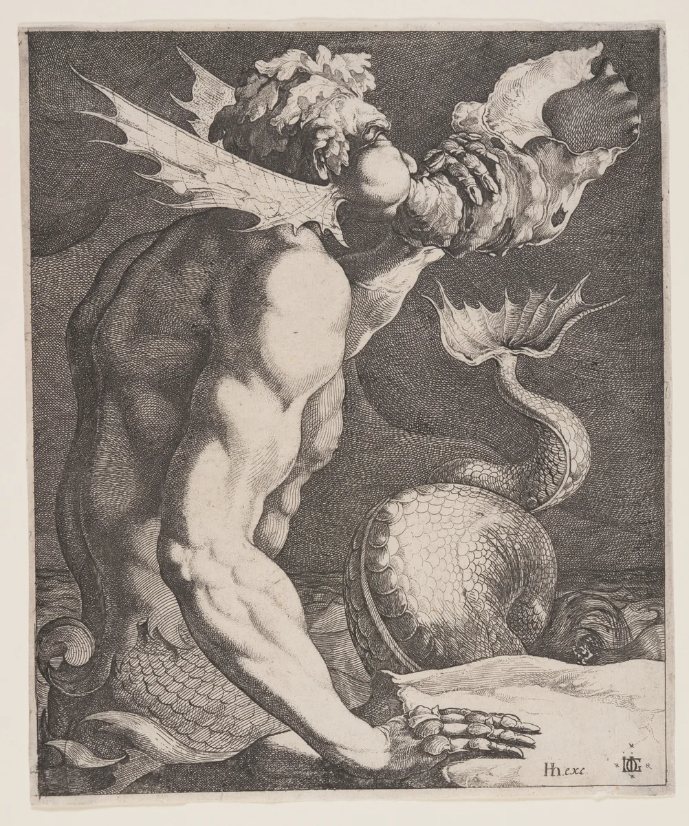 Triton Blowing on a Conch by Jacques de Gheyn III, print, 1613-1623