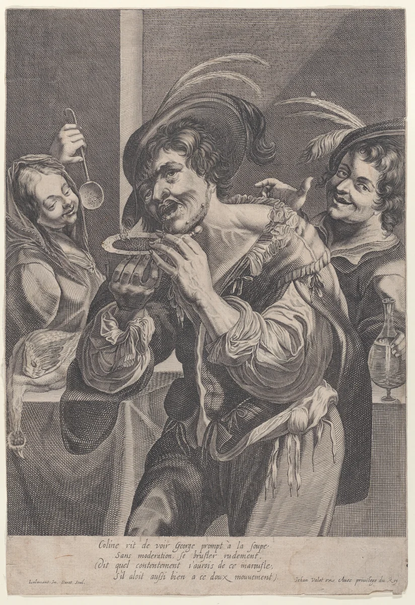 Man drinking soup while two people watch him by Pierre Daret, print, 1624-1675