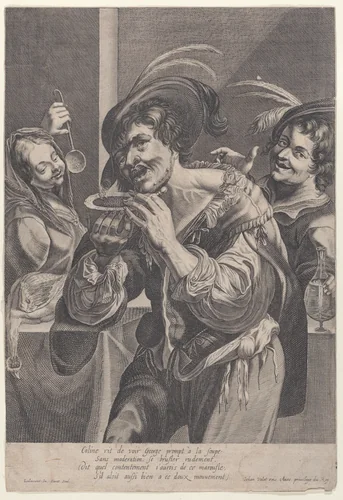 Man drinking soup while two people watch him by Pierre Daret, print, 1624-1675