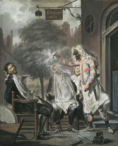 Harlequin, Magician and Barber: The Rivals Exposed by Cornelis Troost, pastel, 1738