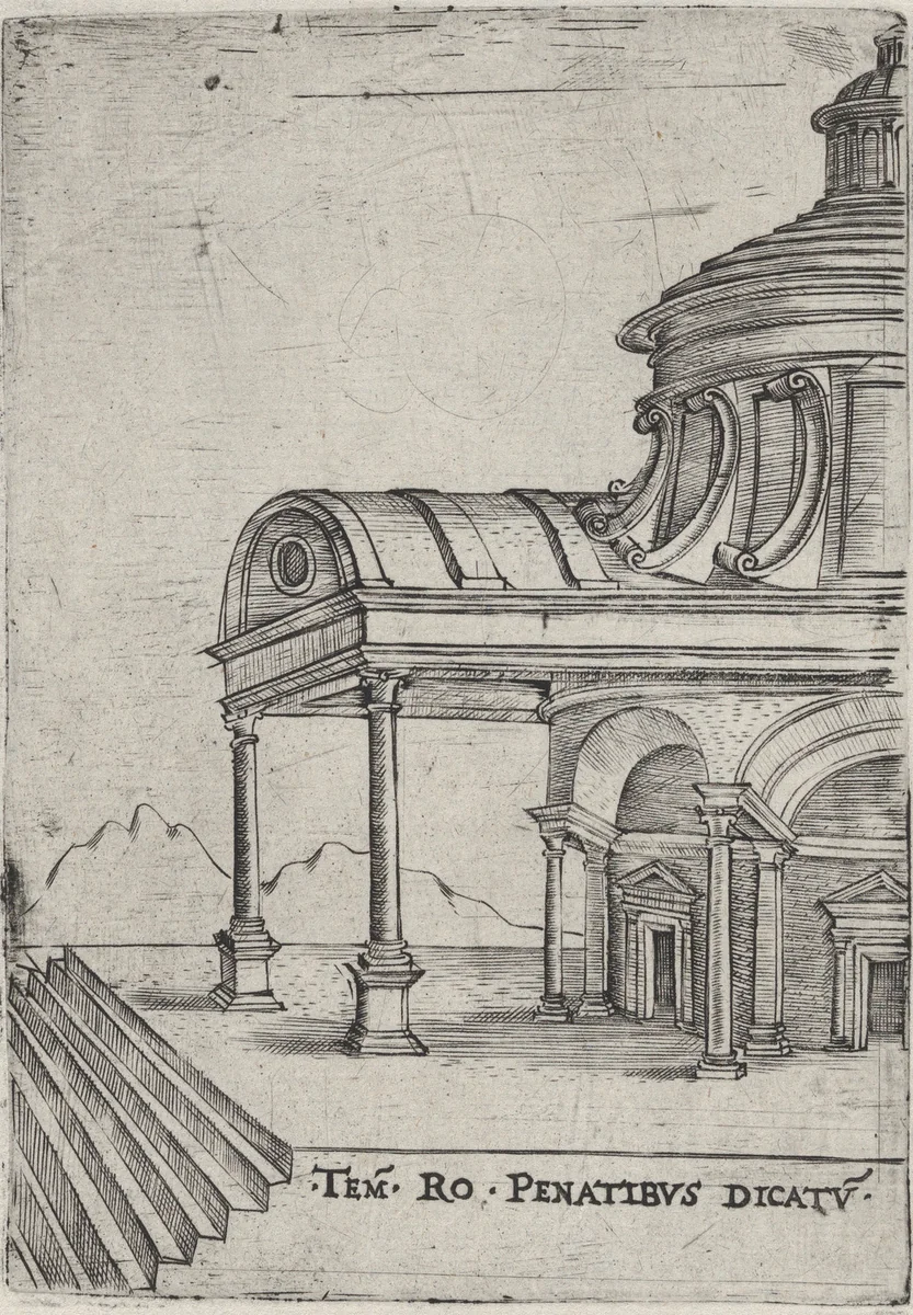 Tem. Ro. Penatibus Dicatu, from a Series of 24 Depicting (Reconstructed) Buildings from Roman Antiquity by anonymous, print, 1530-1550