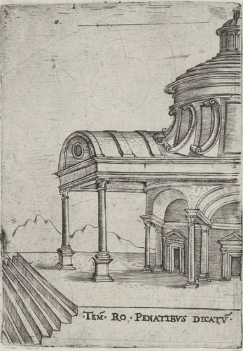 Tem. Ro. Penatibus Dicatu, from a Series of 24 Depicting (Reconstructed) Buildings from Roman Antiquity by anonymous, print, 1530-1550