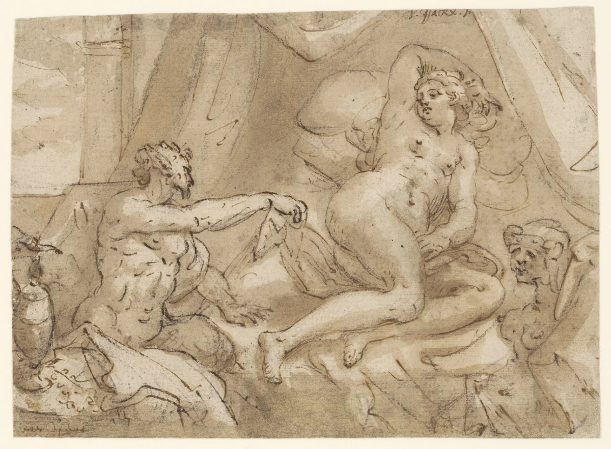 Jupiter als satyr met Antiope by Pieter Isaacsz, drawing, 1579-1625