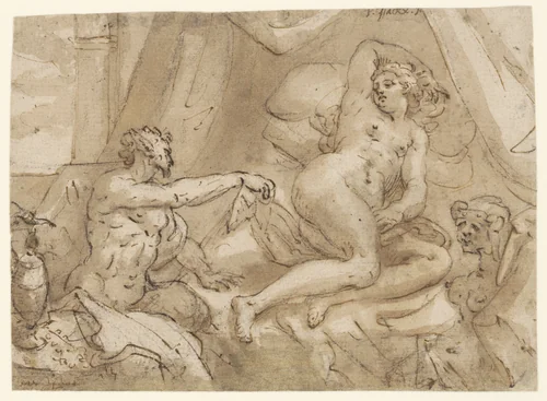 Jupiter als satyr met Antiope by Pieter Isaacsz, drawing, 1579-1625