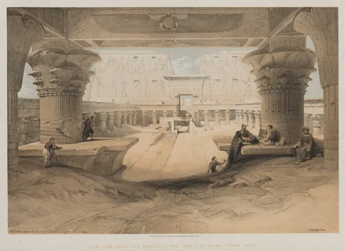 Egypt and Nubia, Volume I: View from Under the Portico of the Temple of Edfou, Upper Egypt by Louis Haghe, print, 1847
