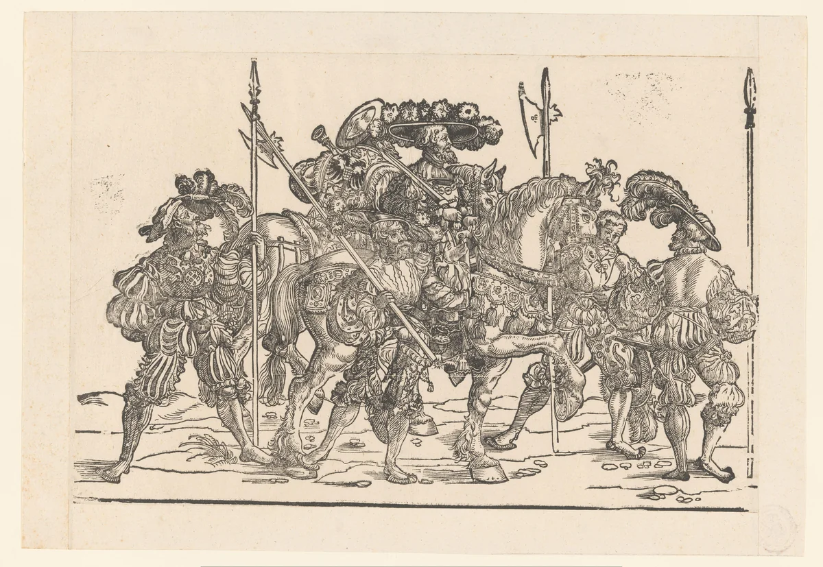 Keizer Karel V te paard met zijn heraut en enkele soldaten by anonymous, print, 1530