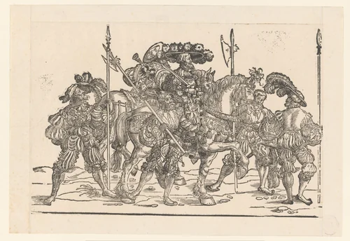 Keizer Karel V te paard met zijn heraut en enkele soldaten by anonymous, print, 1530