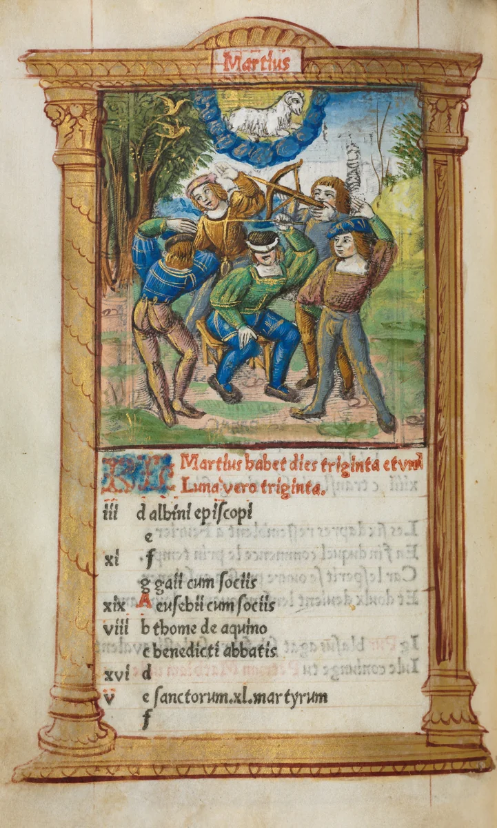 Printed Book of Hours (Use of Rome): fol. 4v, March calendar illustration by Guillaume Le Rouge, book, 1510
