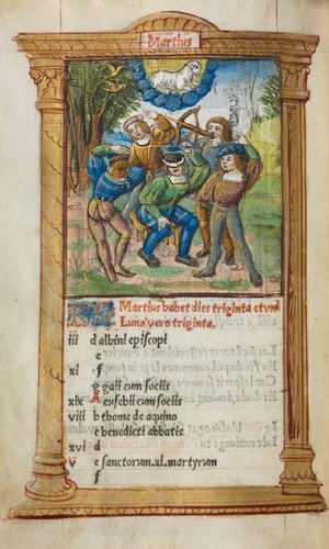 Printed Book of Hours (Use of Rome): fol. 4v, March calendar illustration by Guillaume Le Rouge, book, 1510