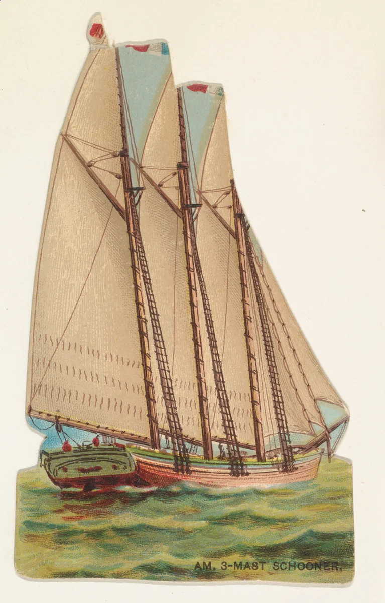 American Three-Mast Schooner, from the Types of Vessels series (N139) issued by Duke Sons & Co. to promote Honest Long Cut Tobacco by W. Duke, Sons & Co., print, 1889