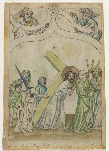 Single Leaf from a "Biblia Pauperum": Christ Carrying the Cross (verso) by Unknown, manuscript, 1405-1415