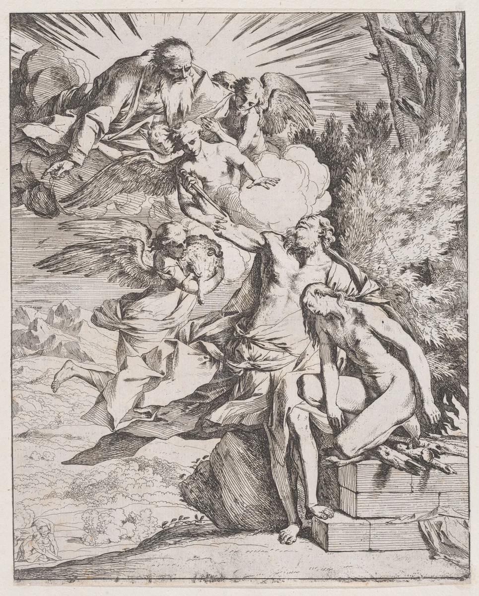 The sacrifice of Isaac by his father Abraham by Pietro Testa, print, 1600-1650