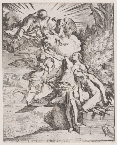 The sacrifice of Isaac by his father Abraham by Pietro Testa, print, 1600-1650