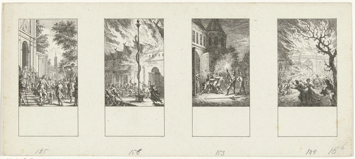 Vier episodes uit de vaderlandse geschiedenis by Simon Fokke, print, 1722-1784
